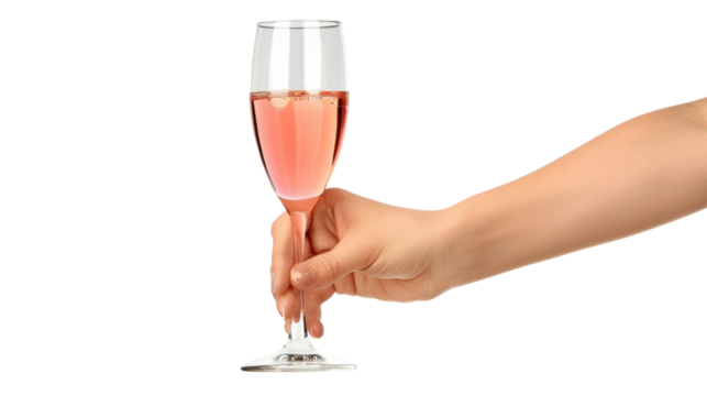 Hand holding pink champagne wine glass on white transparent background
 - Powered by Adobe