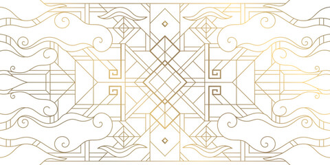 Vector abstract east, korean geometric background with line clouds. Gold on white ornament, frame with swirls. Chinese new year ornament