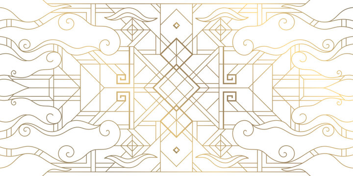 Vector abstract east, korean geometric background with line clouds. Gold on white ornament, frame with swirls. Chinese new year ornament