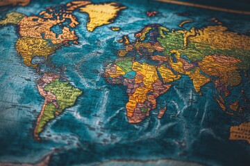 Detailed world map with colorful, labeled countries and continents. Generative AI © Nata