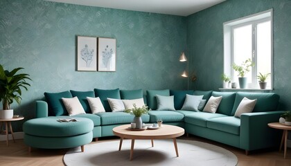 Obraz premium Scandinavian living room interior design zoom background,Doodle patterned wallpaper graphics