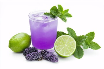 Refreshing Cocktail with Ice and Lime Garnished with Fresh Mint and Blackberries against a Clean White Background