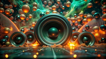 Obraz premium Dynamic digital artwork of speakers surrounded by glowing particles, visualizing sound waves and energy in an abstract, futuristic style.