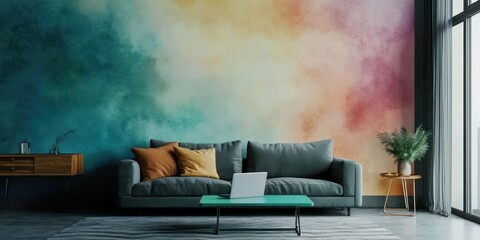 A gray sofa with yellow and orange throw pillows is positioned in front of a wall with a colorful, watercolor-inspired design.