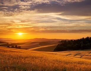 Fototapeta premium Sunset Over Rolling Hills of Golden Fields, Captured With a Vibrant Sky and Layers of Trees in the Distance for a Scenic Nature Landscape