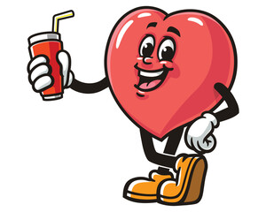 Love Heart with soft drink,  Cartoon Mascot Illustration Character Vector Clip-art Hand-drawn Logo Design
