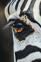 Extreme close-up of a zebra's eye and eyelashes.