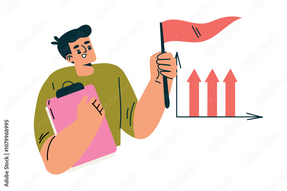 Fototapete productive workflow with man with flag and clipboard managing task vector illustration