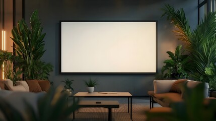 A blank TV screen in a modern office lounge with comfortable sofas, green plants, and a coffee table, for business or corporate videos.