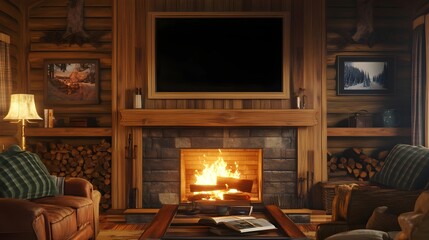 Fototapeta premium A blank TV screen mounted above a fireplace in a cozy cabin-style living room with wooden decor, ideal for winter-themed video displays.