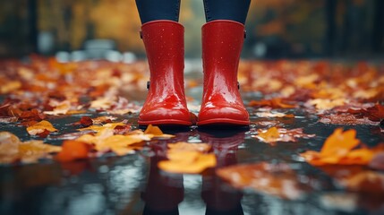 Red rain boots on wet pavement surrounded by colorful autumn leaves