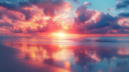 Vibrant sunset over a tranquil beach with colorful reflections.
