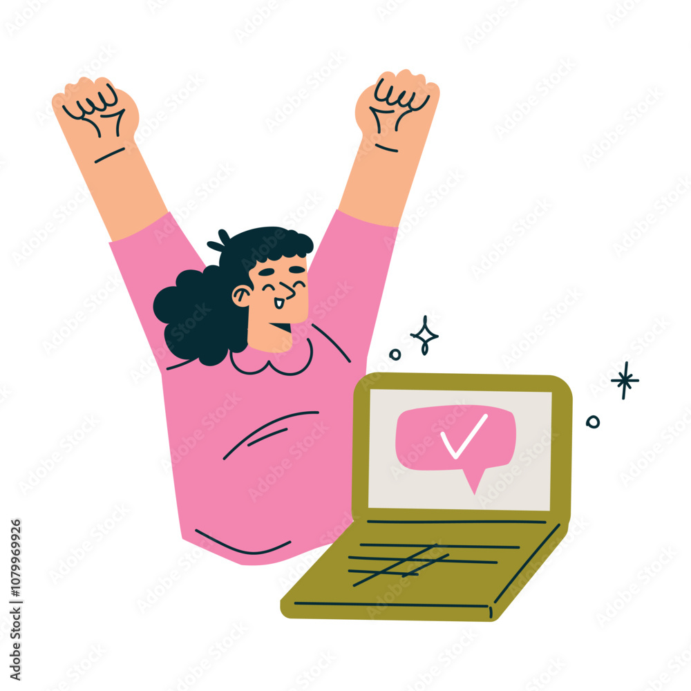 Aufkleber productive workflow with woman rejoice and cheering with success managing task vector illustration