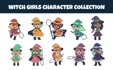 Witch girls character vector illustration set
