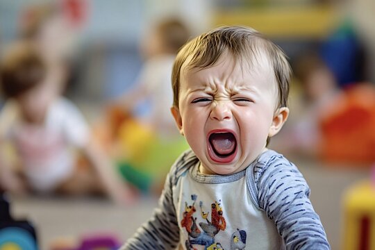 Crying baby boy in a daycare playroom, surrounded by toys and kids, expressing emotions loudly. Parents and caregivers face a challenging moment
