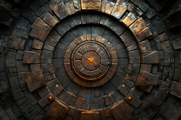 Fototapeta premium 3D Illustration - Ancient Circular Stone Door with Golden Accents