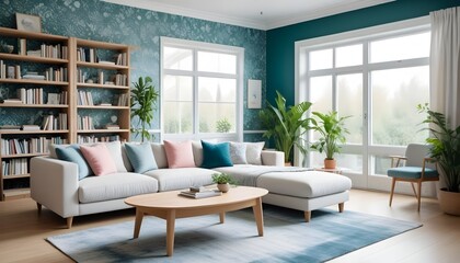 Scandinavian living room interior design zoom background,Doodle patterned wallpaper graphics