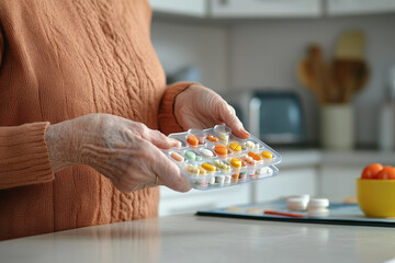 An elderly individual organizing and preparing medications, emphasizing the importance of proper medication management for health and well being