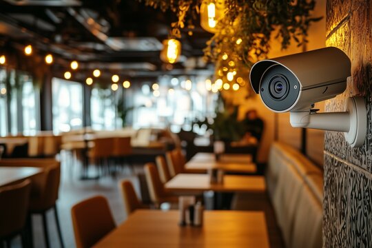 A photograph of a surveillance camera installed in a cafe or restaurant setting, highlighting security measures in hospitality environments, ideal for content related to safety and surveillance