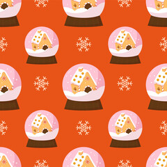Seamless pattern with glass ball and gingerbread house