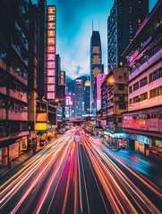 Fototapeta premium A bustling city street scene at night with neon signs, skyscrapers, and blurred traffic lights, capturing the vibrant energy of an urban environment