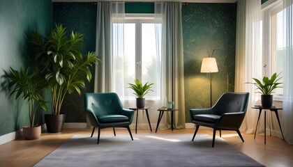 Scandinavian living room interior design zoom background,Doodle patterned wallpaper graphics