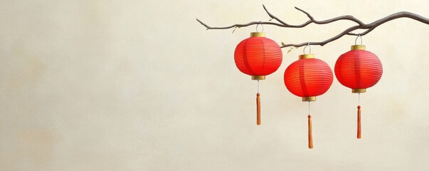 The concept of a minimal background with Chinese lanterns. Red lanterns hanging on a branch, symbolizing celebration and cultural heritage.