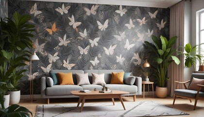 Scandinavian living room interior design zoom background,Doodle patterned wallpaper graphics