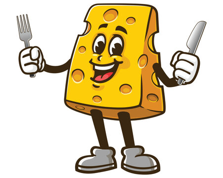 Cheese with fork and knife,  Cartoon Mascot Illustration Character Vector Clip-art Hand-drawn Logo Design