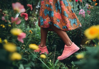 A close up shot of an woman wearing colorful skirt and shoes, walking in the garden with wild flowers, wearing pink sneakers, a bold pattern on her dress is printed with tigers