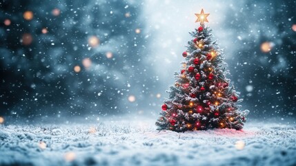 Obraz premium A decorated Christmas tree with colorful lights standing in a snowy yard during a heavy snowstorm, with strong winds blowing snowflakes around, creating a cozy yet dramatic winter atmosphere