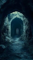 Obraz premium Illustration Dark Cave Tunnel Ruins Gate Fantasy