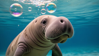 Naklejka premium Floating Joy: Manatee and Its Bubbles