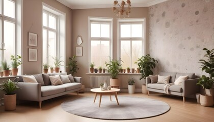 Scandinavian living room interior design zoom background,Doodle patterned wallpaper graphics
