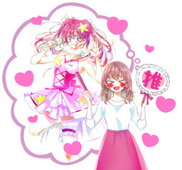 推し活をする女性と女性アイドル　赤色