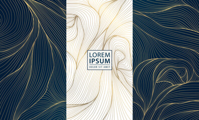Vector set of leaf abstract pattern, floral line golden labels, posters, elegant luxury plant cards. Herbal illustrations, package