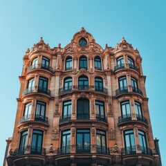 Fototapeta premium A historical building with ornate architectural details, set against a clear blue sky 