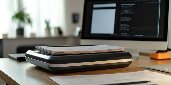 A flatbed scanner on an office desk, with documents ready to be digitized and a computer monitor in the background.