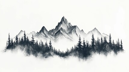 Obraz premium Pencil Sketch of a Mountain Range with a Foreground of Trees and Fog
