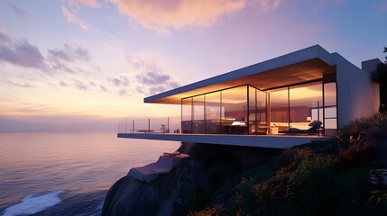 Fototapeta premium A cliffside house with a sleek, minimalist design, glass walls, and an expansive view of the ocean below, perfect for luxury real estate. 