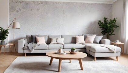 Scandinavian living room interior design zoom background,Doodle patterned wallpaper graphics