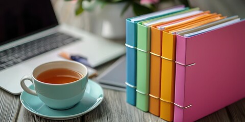 Naklejka premium A neat stack of binders in vibrant colors on a desk, alongside a laptop and a cup of tea.