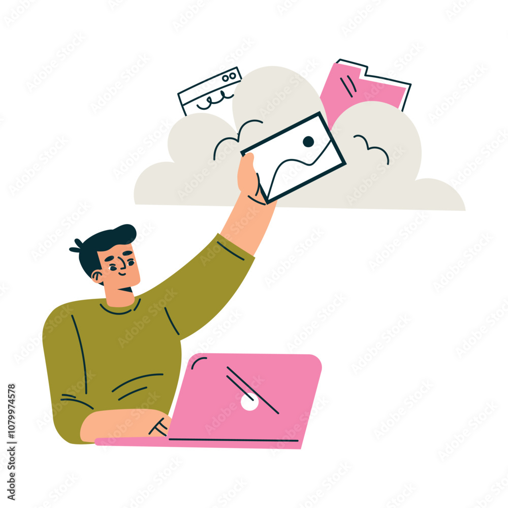 Aufkleber productive workflow with man at laptop store document in cloud managing task vector illustration