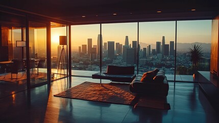 Fototapeta premium Modern Apartment with Stunning City Skyline Sunset View