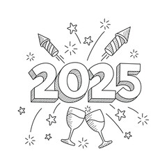 Fireworks display around three dimensional 2025 stars for New Years Eve celebration. Perfect for festive backgrounds, event promotions, and holiday designs. Fireworks surround three dimensional 2025.