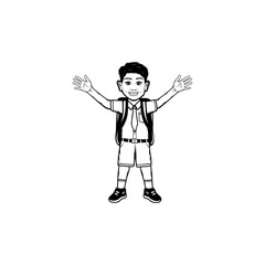 cheerful little boy wearing elementary school uniform carrying a black and white bag vector line art