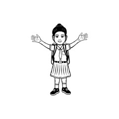 cheerful little girl wearing elementary school uniform carrying a bag black and white vector line art