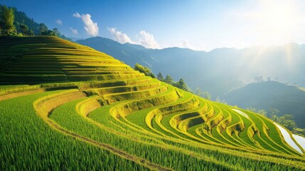 Obraz premium Golden Rice Terraces in the Mountains at Sunset.