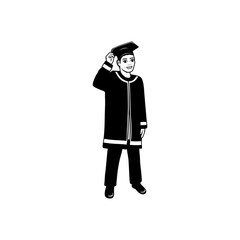 man wearing graduation clothes posing right hand holding a hat black and white vector line art