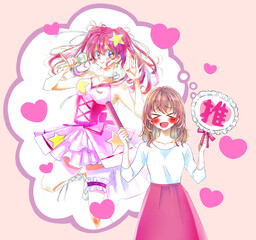 推し活をする女性と女性アイドル　赤色